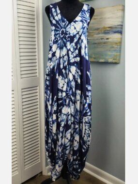 MSK Blue Tie Dye Maxi Dress L Harem Drape Sleeveless V Neck Open Back Coastal